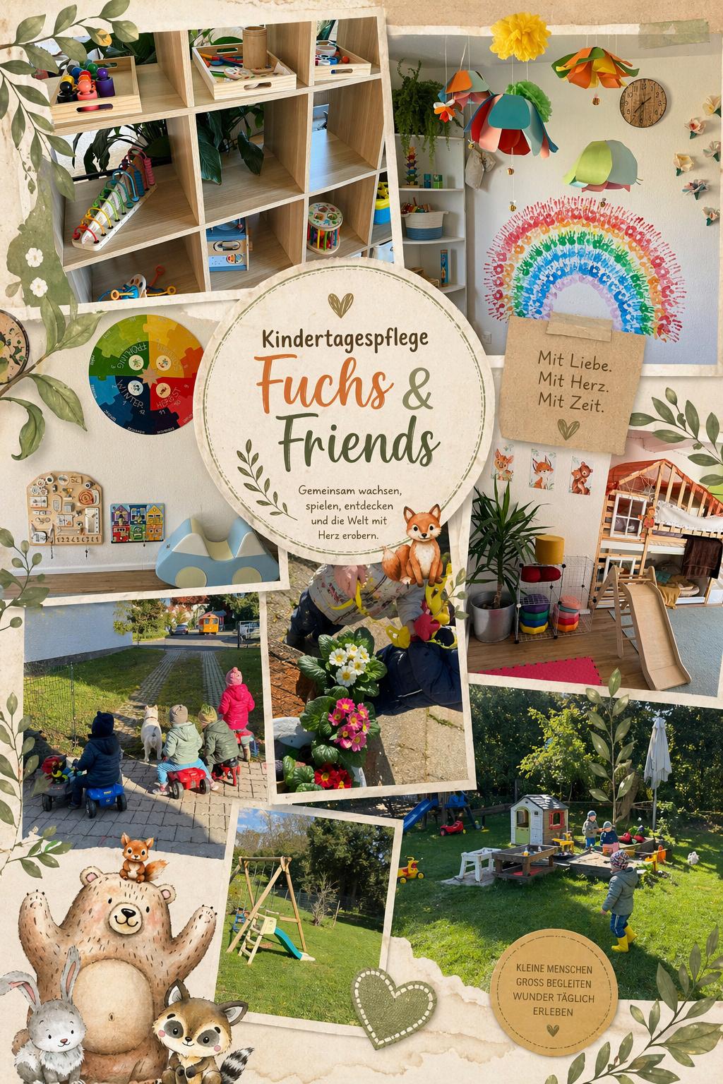 Collage mit Betreuungsräumen, Garten und Spielmaterialien